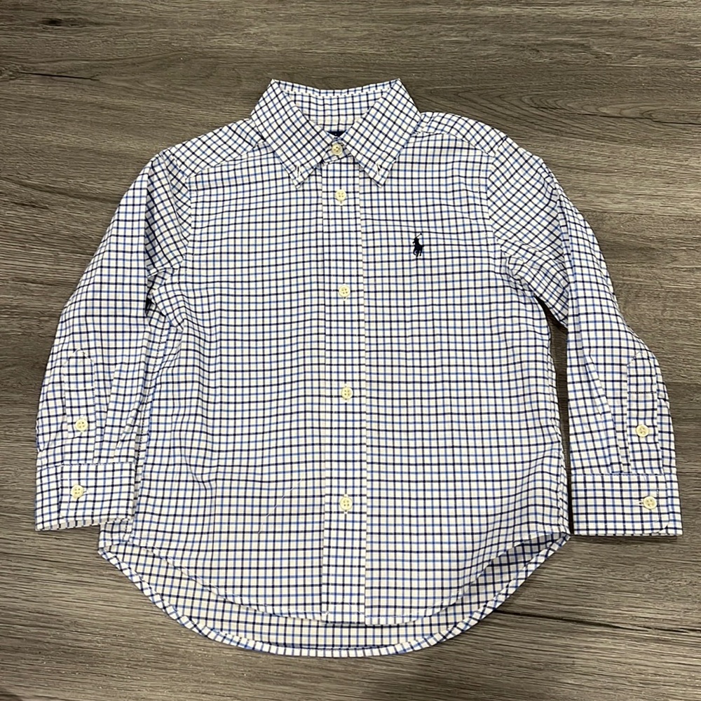 EUC Ralph Lauren boys 3T, black/blue striped, long-sleeved butting down shirt